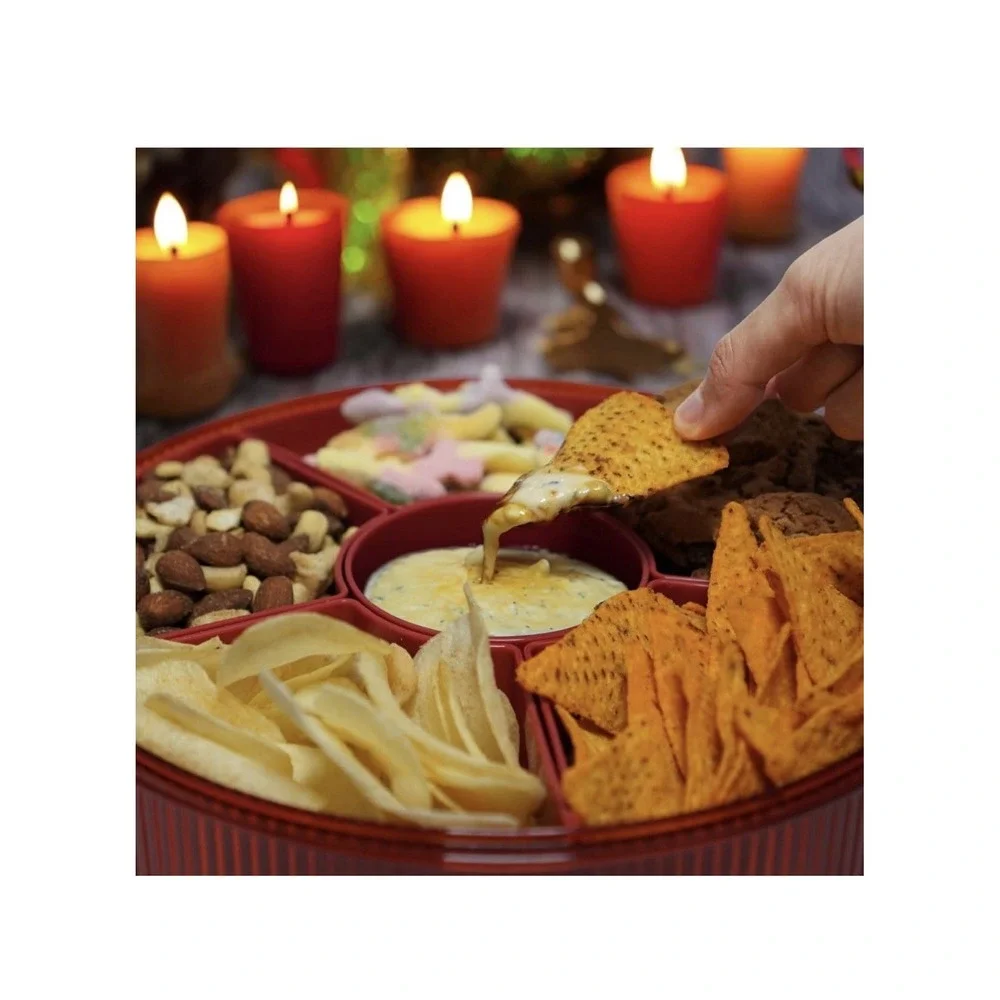 HOUSIO Snackle Box Container, Round‎ Divided Serving Tray with lid 6parts (Red)